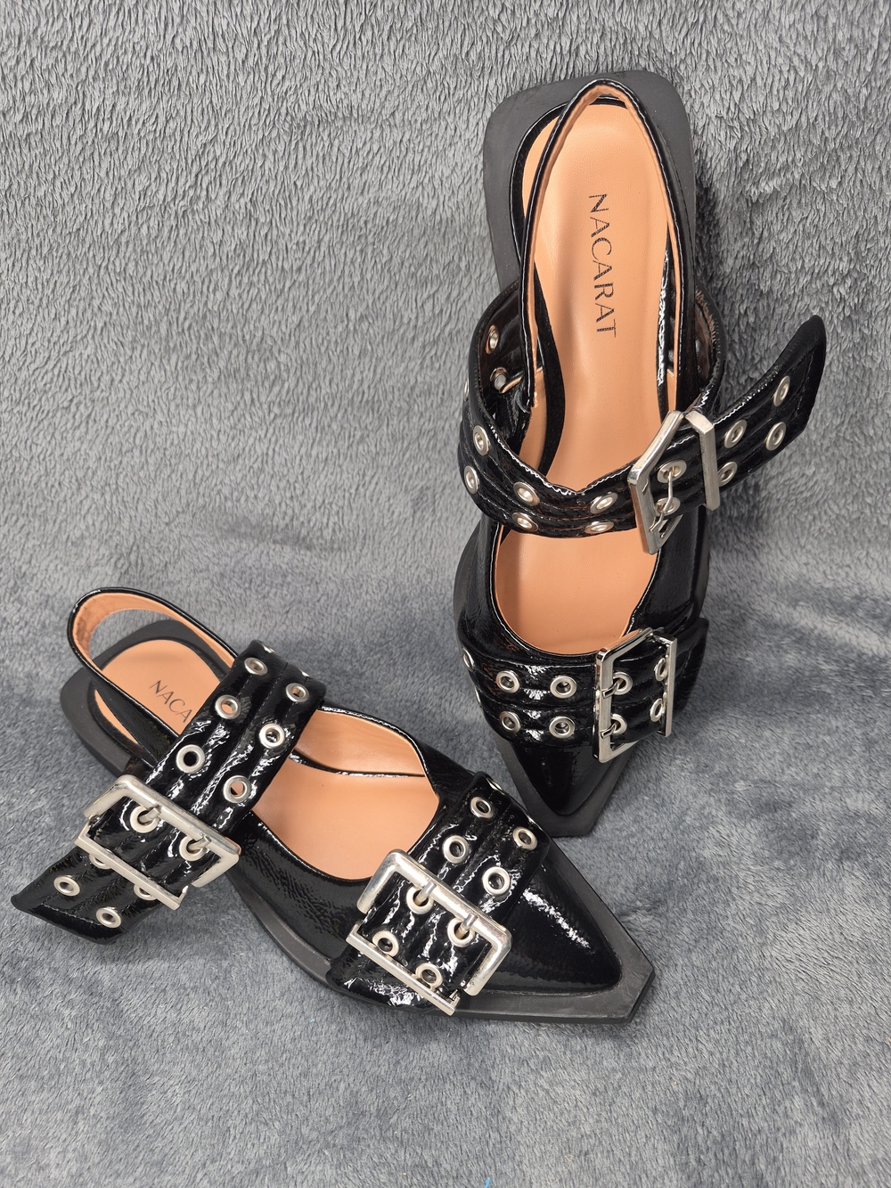 Nacarat Multi Buckle Grommet Slingback Ballerina Size 7 In Black